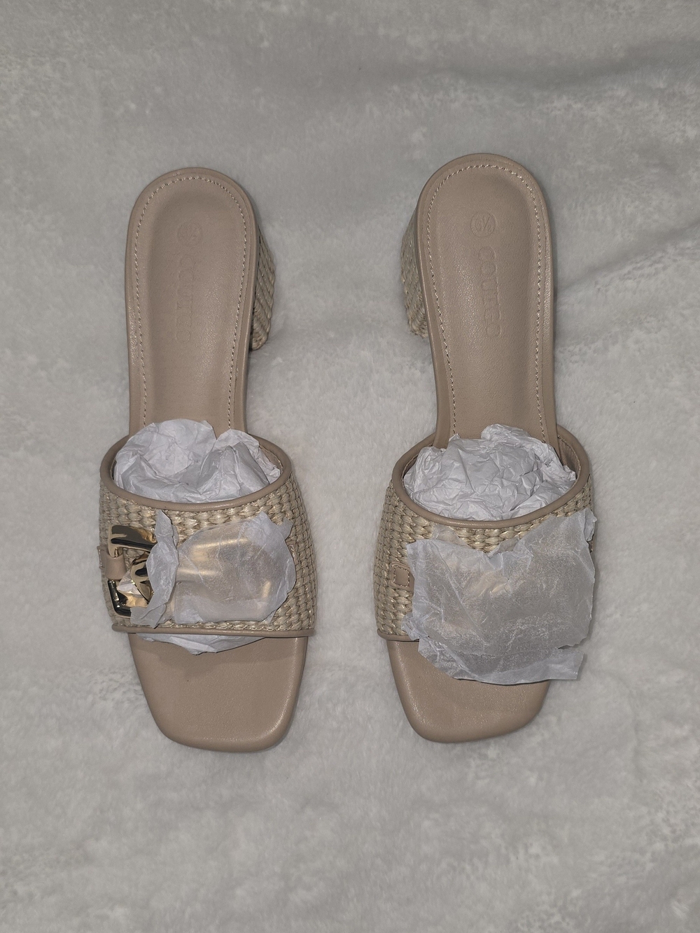 Coutgo Woven Raffia Block Heel Sandals Gold Buckle Slip On Mules Beige Nude